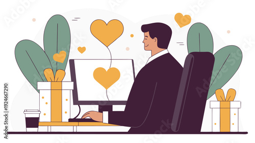 Professional man typing on a desktop computer in an office surrounded by yellow gift boxes, floating hearts, and plants.