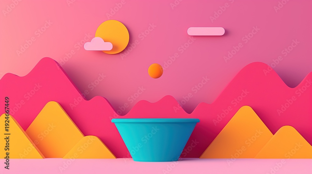 Fototapeta premium Bright minimalist 3D landscape with pink mountains, sun, and central funnel shape, representing creativity, imagination, and modern design concept.