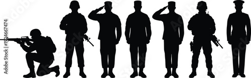 Military soldiers silhouette collection showing armed forces personnel standing, saluting and tactical combat poses representing defense, security, and army service concepts