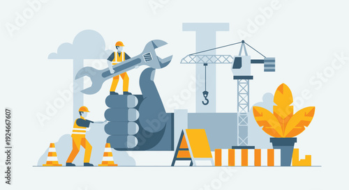 Construction Workers with Giant Thumbs Up and Crane