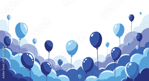 Blue Balloons Floating Among Soft Purple and Blue Clouds