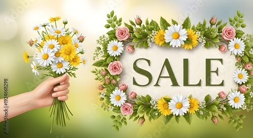 Floral sale arrangement with hand holding bouquet