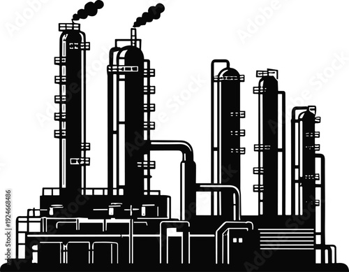 Black and white industrial oil refinery plant silhouette icon with distillation towers, chemical processing pipes, factory smoke, and engineering infrastructure.