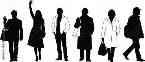 Black and white silhouettes of people standing walking and waving holding bags in casual clothing isolated on a white background