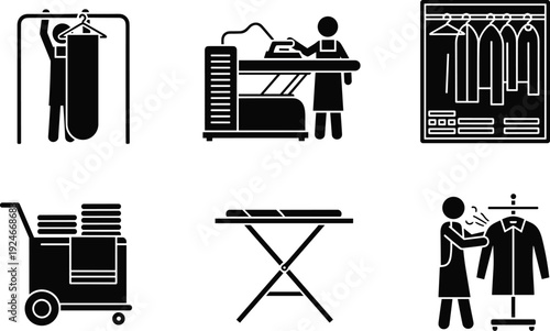 Black Icon Set of Professional Laundry Services Including Ironing Clothes, Hanging Garments, Laundry Cart, and Closet Organization Isolated on White