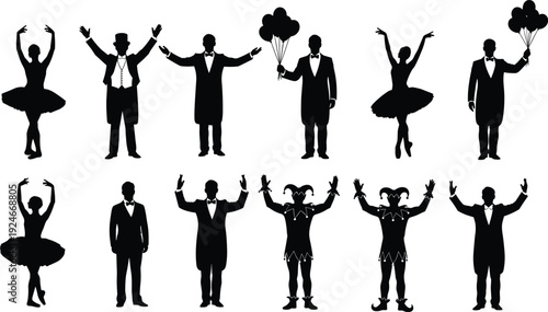 Black Silhouette Set of Circus Performers, Ballerina Dancers, Magicians with Balloons, and Jesters in Various Poses Isolated on White Background, Vector