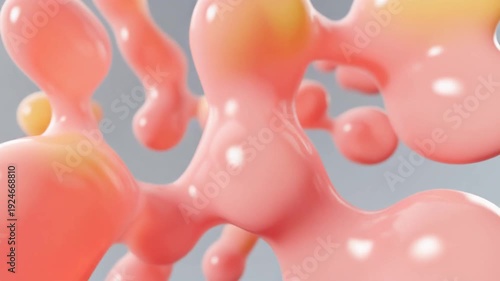 Abstract 3D rendering of dynamic fluid organic shapes in peach pink and vibrant yellow orange hues creating a glossy smooth metaball background