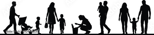 Family lifestyle silhouette panorama showing parents, children and baby stroller in daily parenting activities representing love, care and modern family life