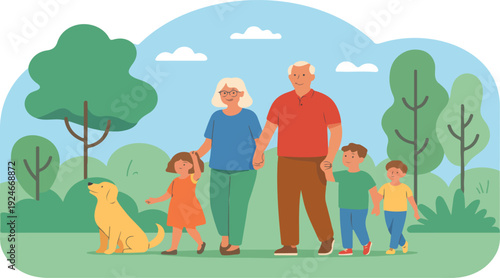 Happy Grandparents Walking in Park with Grandchildren and Dog National Grandparents Day Vector Illustration