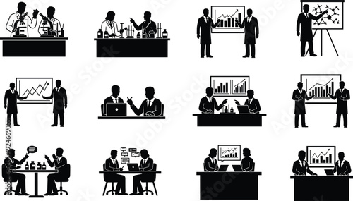 Black Silhouette Set of Scientists and Business Professionals Working in Laboratory with Microscopes, Giving Presentations, and Having Office Meetings, Vector