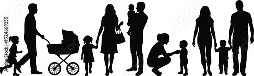 Family silhouette collection showing parents, children and baby stroller in daily life activities representing parenting, care, childhood and family lifestyle concepts