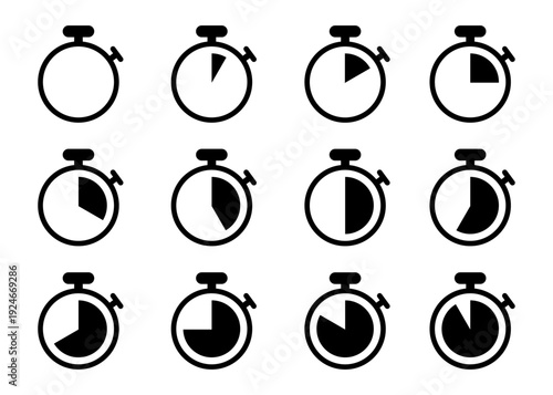 Black Stopwatch Icon Showing 15 Minutes Time Interval Symbol on white Background