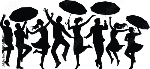 Black silhouettes of happy people jumping dancing and celebrating with umbrellas in their hands isolated on a white background,