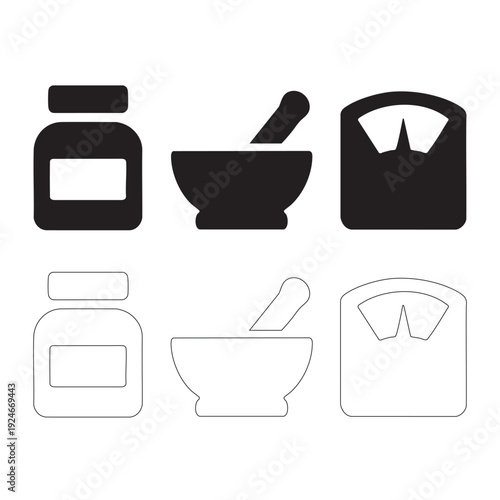 Wellness and Weight Loss Illustrations Set - Medicine Jar, Mortar, and Scale