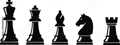 Classic chess pieces silhouette illustration featuring king, queen, bishop, knight and rook symbols representing strategy, leadership, competition and intellectual board game 