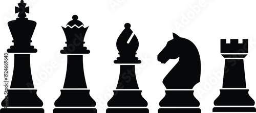 Classic chess pieces silhouette set including king, queen, bishop, knight and rook isolated for strategy, leadership, and board game concept design