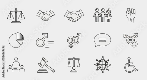 Collection of Simple Line Icons Representing Law and Equality.