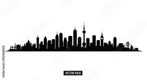 Black silhouette of a city skyline with tall buildings