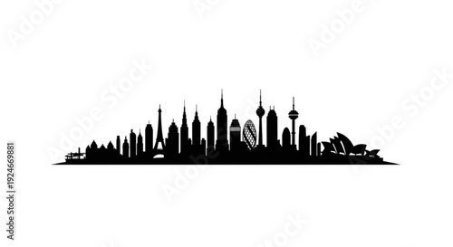 Black silhouette of a city skyline with tall buildings