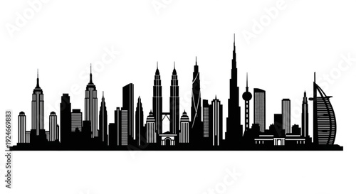 Black silhouette of a city skyline with various skyscrapers