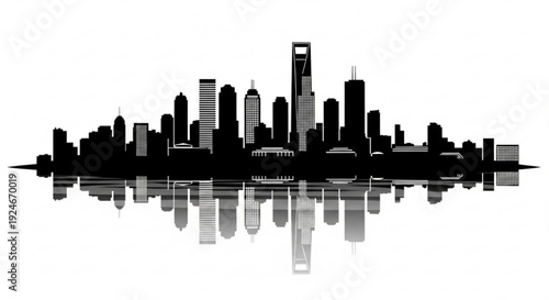 Black silhouette of a city skyline with reflection on water