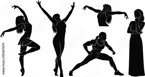Elegant female dancer silhouettes expressing movement, grace, strength and emotion in modern poses isolated on neutral background for creative projects