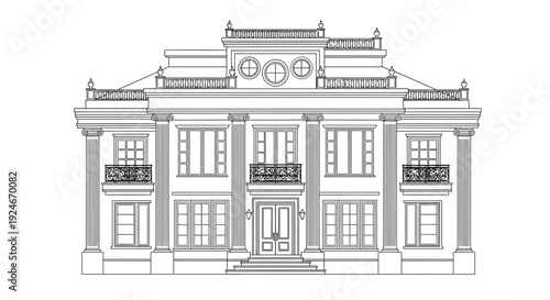 Elegant Mansion Facade, Classical Architecture, Grand Entrance, Columns, Balconies, Detailed Drawing