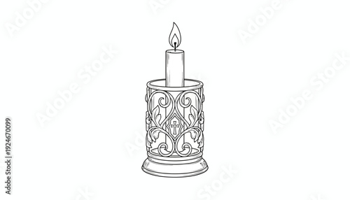 Elegant Ornate Candle Holder with Burning Candle, Vintage Style Illustration