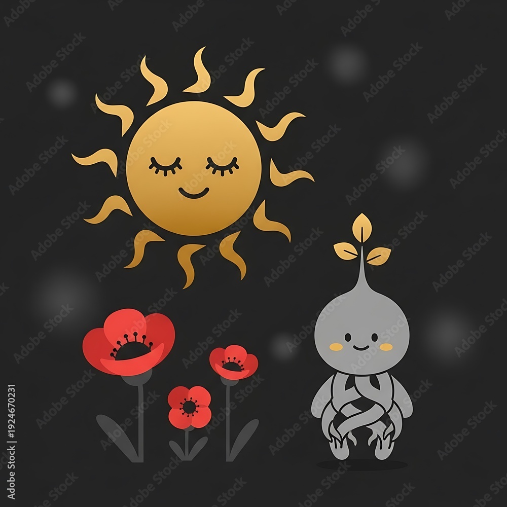 Naklejka premium Cute Cartoon Sun, Poppies, and Mandrake Root Illustration.