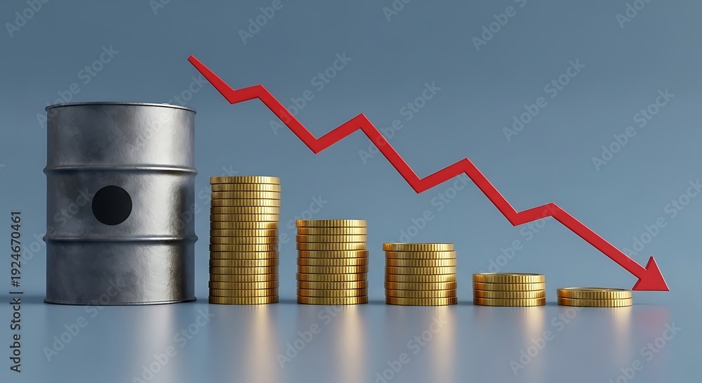 Fototapeta premium Oil barrel and decreasing stacks of gold coins with red arrow showing downward financial trend indicating economic loss