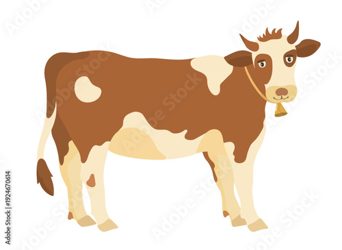 Cute farm animal. Cartoon brown cow isolated on white background. Vector hand drawn domestic animal clip art.