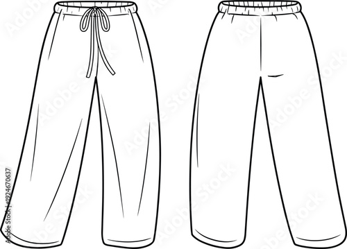 Cad drawing flat vector illustration, wide leg sweatpants front and back view, casual jogger pants outline template, comfortable sportswear apparel design