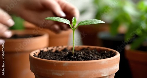 Wallpaper Mural A person gently planting a young seedling in a terracotta pot, surrounded by greenery indoors Torontodigital.ca