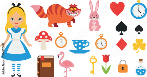 Alice in Wonderland Inspired Elements Collection with Girl, Cheshire Cat, Rabbit and Fantasy Symbols Flat Vector Illustration