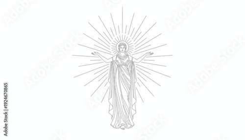 Divine Woman with Radiant Aura, Arms Open in Blessing