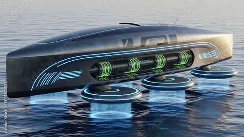 SEO Title: Futuristic Hovercraft with Glowing Blue & Green Elements Resting on Calm Water - Advanced Marine Mobility