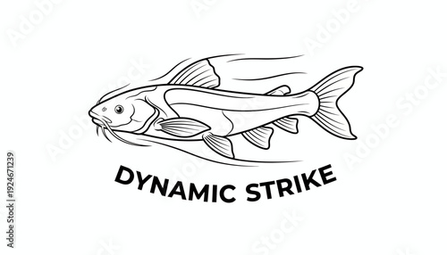 Dynamic Strike Fishing Logo: Catfish Illustration with Wavy Lines and Text