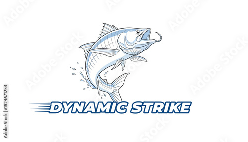 Dynamic Strike Fishing Logo: Jumping Tuna Fish Hooked on Line, Sport Fishing Emblem