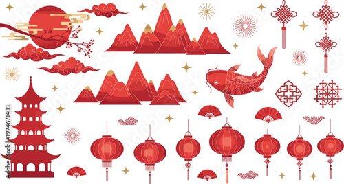 Chinese Traditional Elements Collection with Red Lanterns, Pagoda, Koi Fish, Mountains and Asian Decorative Symbols Vector Set
