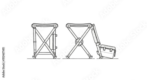 Collapsible Camping Stool with Attached Bag - Line Art Illustration