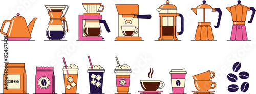 Coffee Brewing Methods Collection with Teapot, French Press, Espresso Maker, Drip Machine and Takeaway Cups Flat Vector Illustration