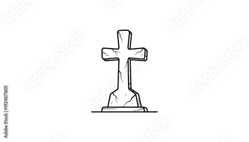 Cracked Stone Cross Gravestone Icon, Cemetery Symbol, Death and Mourning Concept