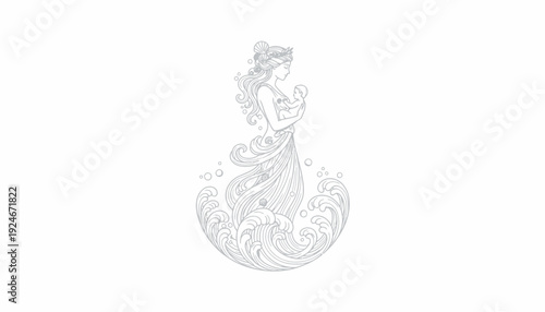 Art Nouveau Woman in Waves, Elegant Goddess Holding Pearl, Vintage Style Illustration