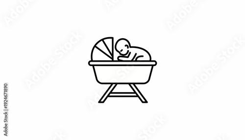 Baby in Bassinet Icon: Newborn Sleep, Cradle, Infant Care, Maternity, Nursery, Simple Line Art