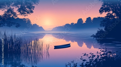 Serene lake scene with boat silhouette at dawn or dusk with tranquil colors