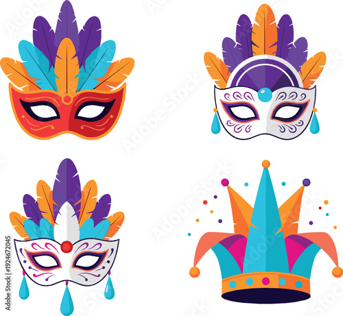 Colorful Carnival Masks and Jester Hat Collection with Feathers and Decorative Elements in Festive Flat Vector Illustration