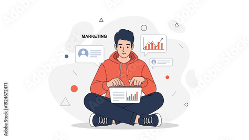 Young man working on laptop, digital marketing, data analysis and online strategy