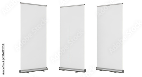 Three white rollup banners standing upright on a floor isolated on transparent background