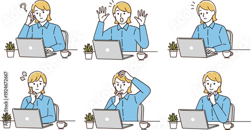 Set of woman working on laptop showing different emotions, confusion, stress, surprise and thinking, remote work challenges, problem solving and workplace feelings concept illustration