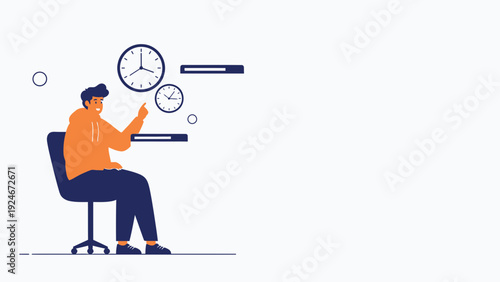 Young man sitting at desk, pointing up, surrounded by clocks and progress bars